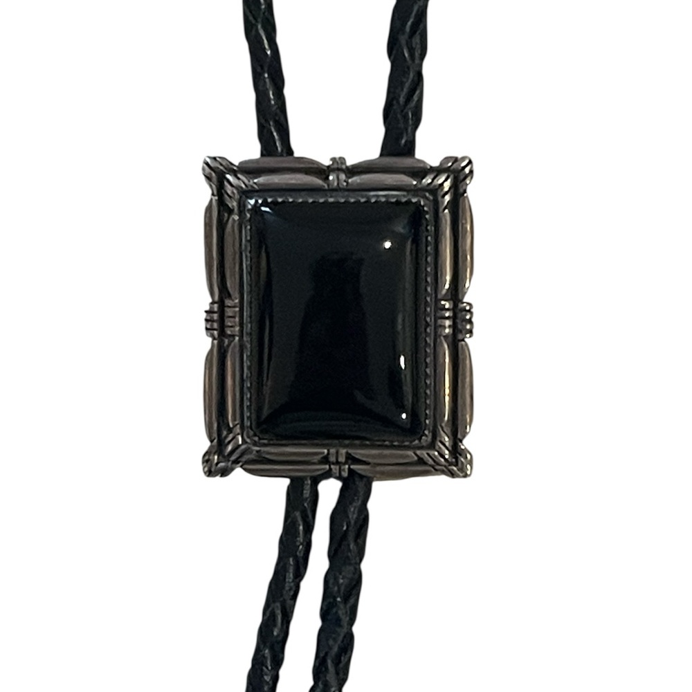Vintage Sterling Silver & Black Onyx Bolo Tie w Silver Tips Adjustable Unisex